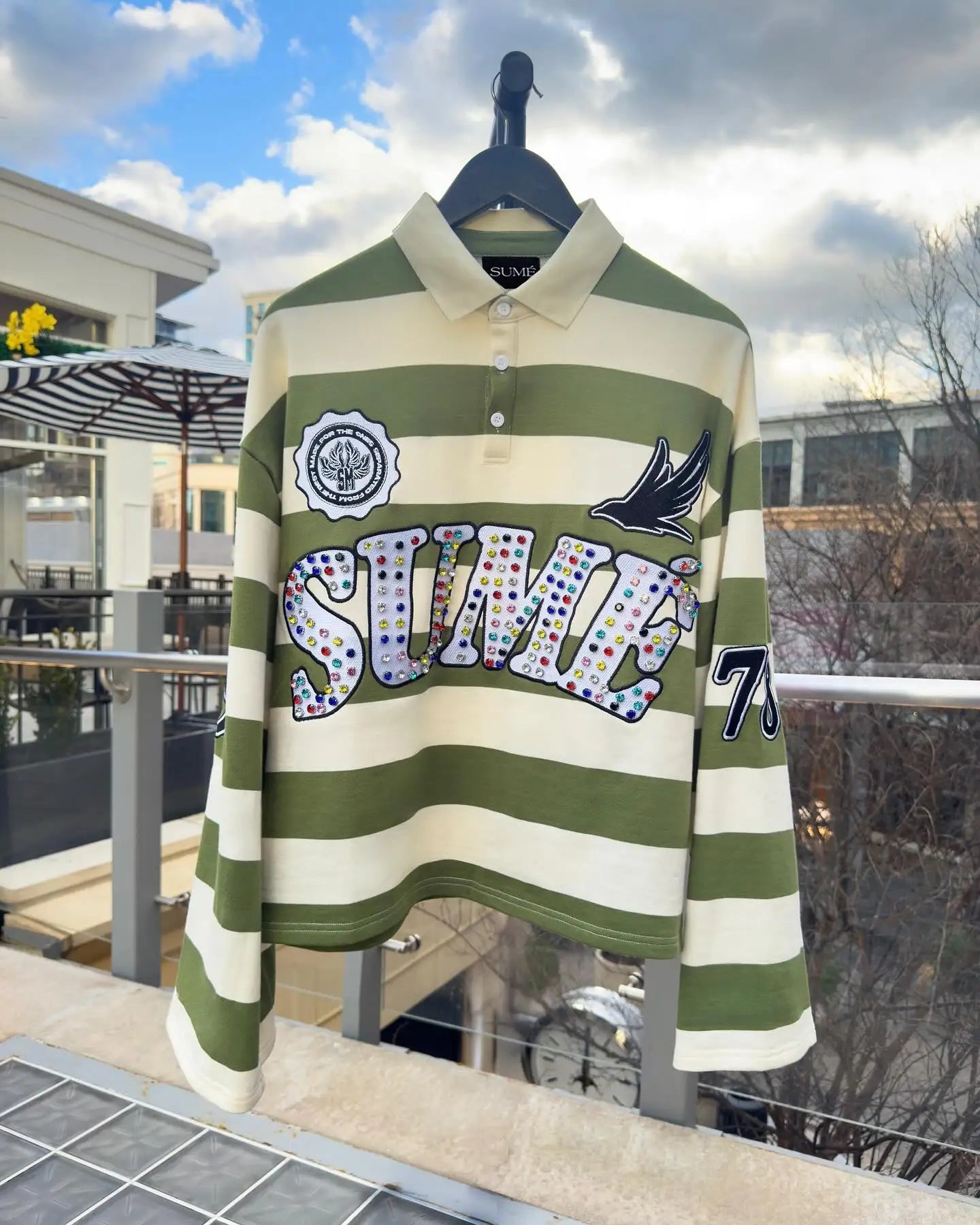 Sume Gothic Klein Stone Embroidery Loose Long Sleeved T Shirt Y2k Harajuku Hip Hop Men Women Stripe Polo Shirt Lapel Neck Shirt - El Bean0s