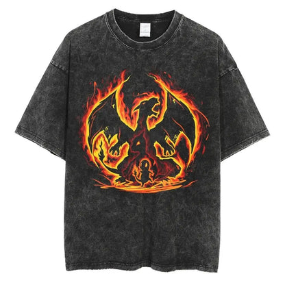 Pokemon Charizard T Shirt Men 2026 Summer Vintage Acid Wash Oversized Tee Japanese Anime Streetwear Hip Hop Harajuku Y2k