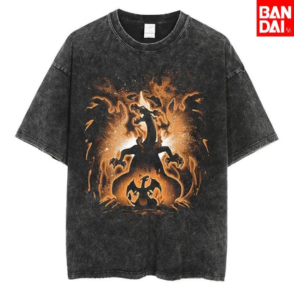 Pokemon Charizard T Shirt Men 2026 Summer Vintage Acid Wash Oversized Tee Japanese Anime Streetwear Hip Hop Harajuku Y2k