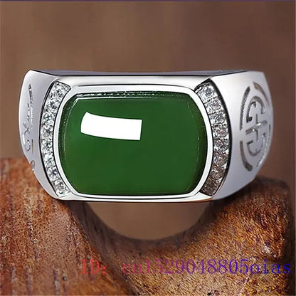 Green Jade Ring Gifts Fashion Men Charm Gemstone Crystal Women Jewelry Zircon Lucky Amulet Chalcedony Natural