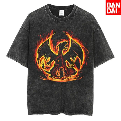 Pokemon Charizard T Shirt Men 2026 Summer Vintage Acid Wash Oversized Tee Japanese Anime Streetwear Hip Hop Harajuku Y2k
