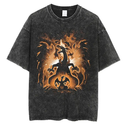 Pokemon Charizard T Shirt Men 2026 Summer Vintage Acid Wash Oversized Tee Japanese Anime Streetwear Hip Hop Harajuku Y2k