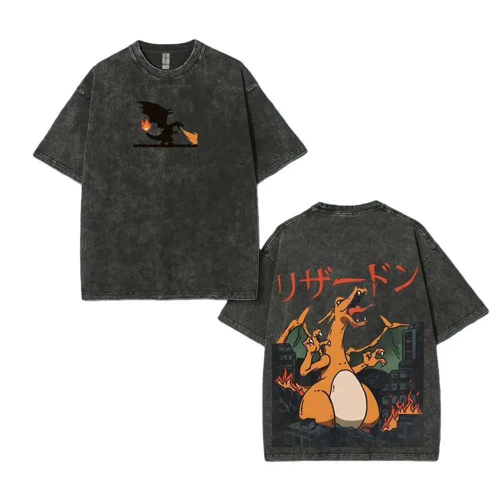 Pokemon Charizard T Shirt Men 2026 Summer Vintage Acid Wash Oversized Tee Japanese Anime Streetwear Hip Hop Harajuku Y2k