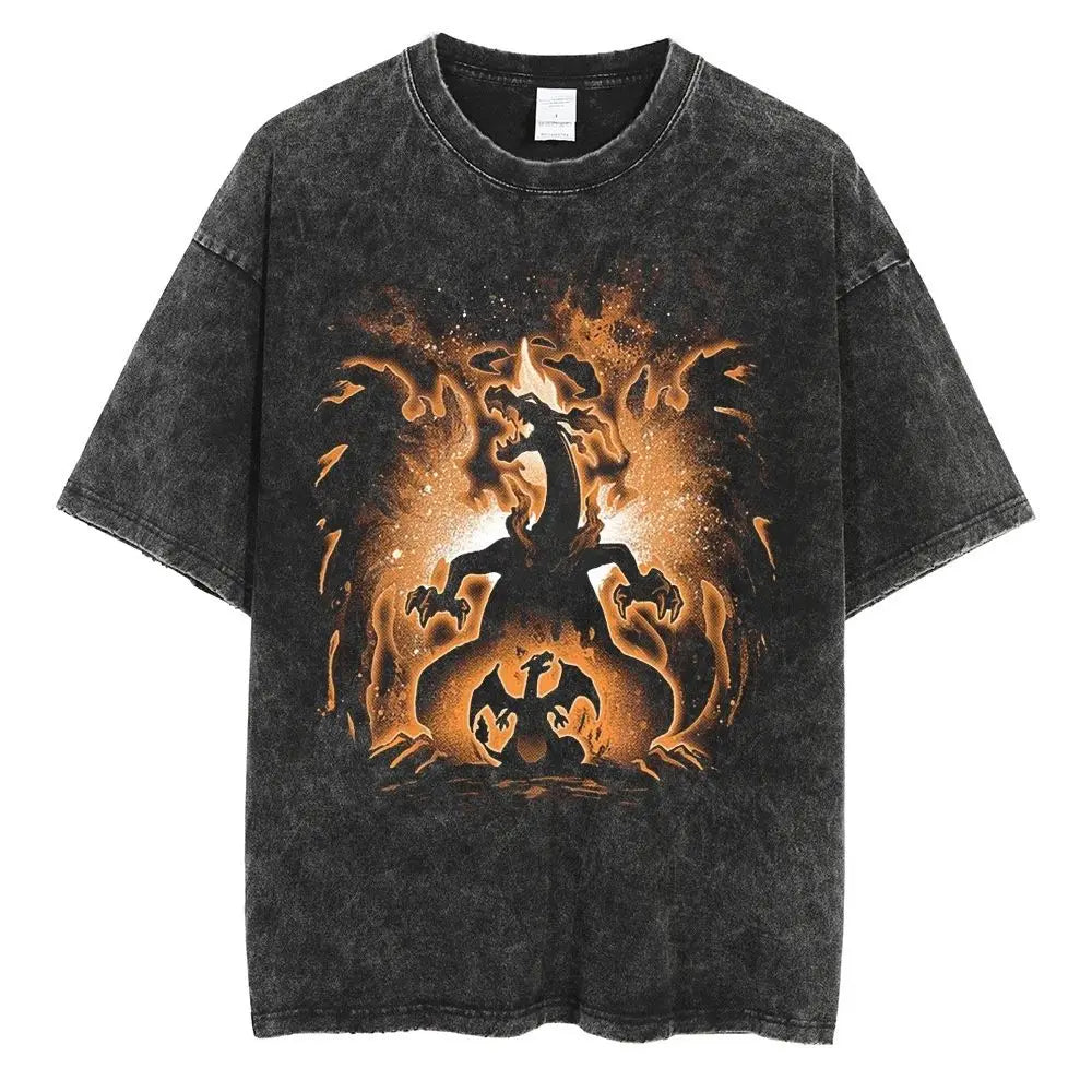 Pokemon Charizard T Shirt Men 2026 Summer Vintage Acid Wash Oversized Tee Japanese Anime Streetwear Hip Hop Harajuku Y2k