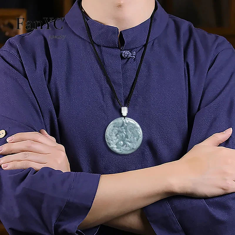 Natural A-goods Jadeite Blue Water Dragon and Phoenix Pendant Exquisite Fashion Simple Men and Women Couples Necklace Gift