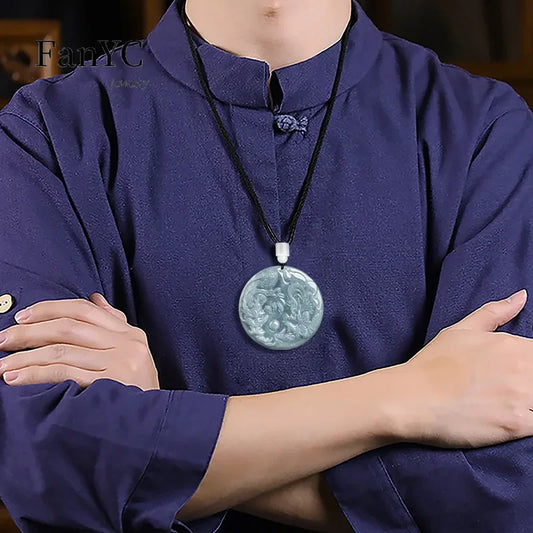 Natural A-goods Jadeite Blue Water Dragon and Phoenix Pendant Exquisite Fashion Simple Men and Women Couples Necklace Gift