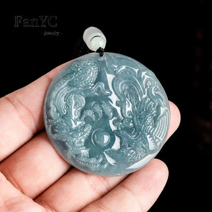 Natural A-goods Jadeite Blue Water Dragon and Phoenix Pendant Exquisite Fashion Simple Men and Women Couples Necklace Gift