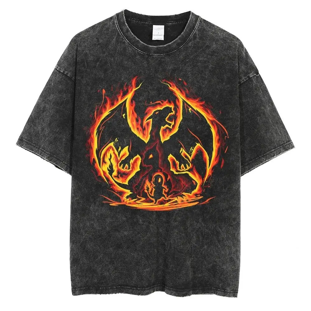 Pokemon Charizard T Shirt Men 2026 Summer Vintage Acid Wash Oversized Tee Japanese Anime Streetwear Hip Hop Harajuku Y2k