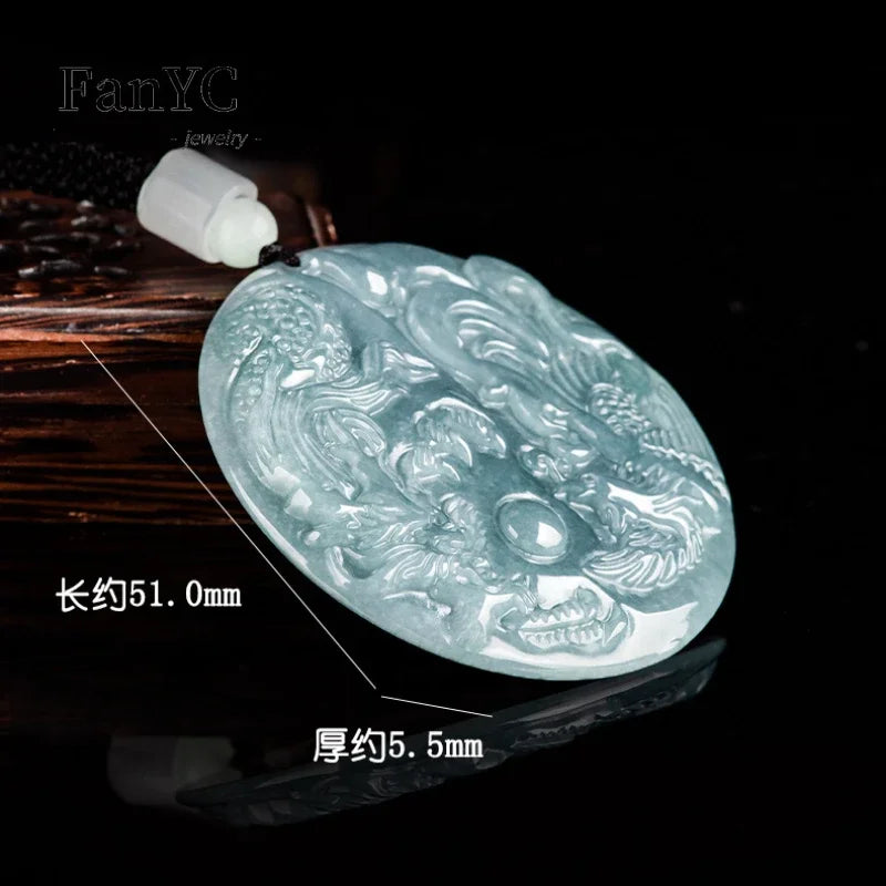 Natural A-goods Jadeite Blue Water Dragon and Phoenix Pendant Exquisite Fashion Simple Men and Women Couples Necklace Gift