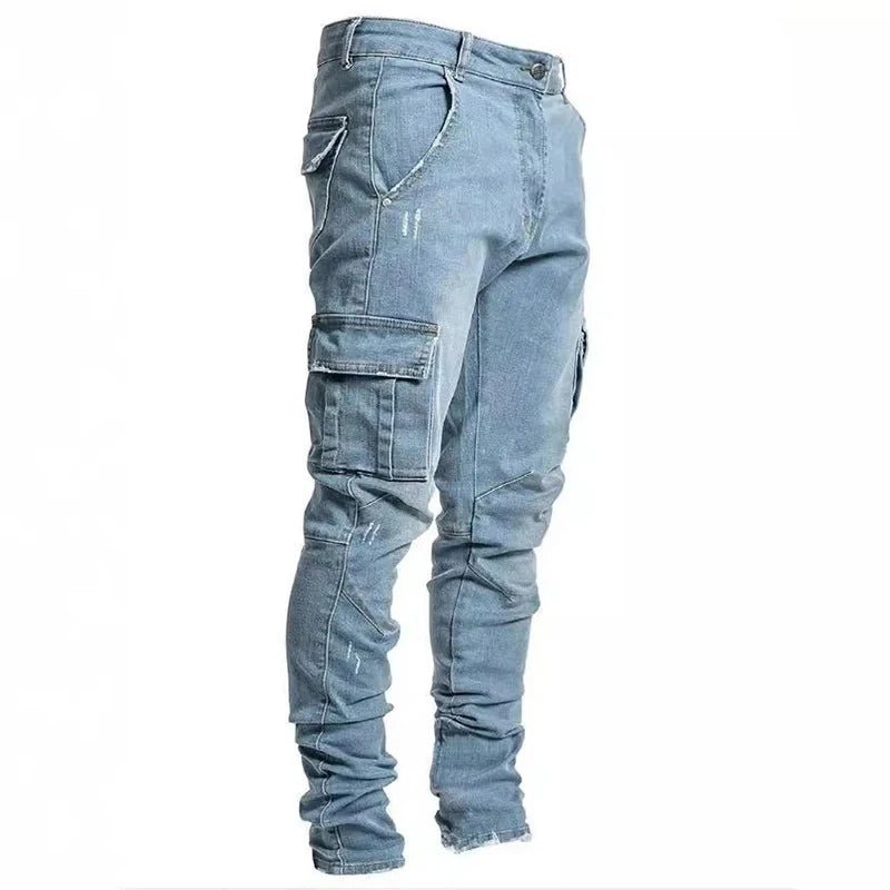 Men Street Elastic Denim Jeans Wash Solid Color Multi Pockets Cargo Pants Casual Slim Fit Daily Wear Joggers Mid Waist Trousers - El Bean0s
