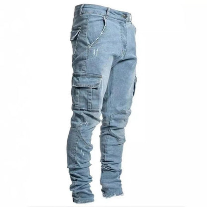Men Street Elastic Denim Jeans Wash Solid Color Multi Pockets Cargo Pants Casual Slim Fit Daily Wear Joggers Mid Waist Trousers - El Bean0s