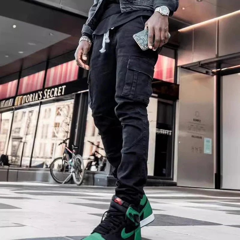 Men Street Elastic Denim Jeans Wash Solid Color Multi Pockets Cargo Pants Casual Slim Fit Daily Wear Joggers Mid Waist Trousers - El Bean0s