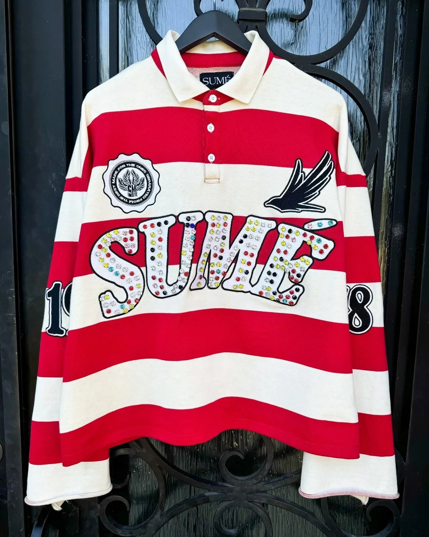 Sume Gothic Klein Stone Embroidery Loose Long Sleeved T Shirt Y2k Harajuku Hip Hop Men Women Stripe Polo Shirt Lapel Neck Shirt - El Bean0s