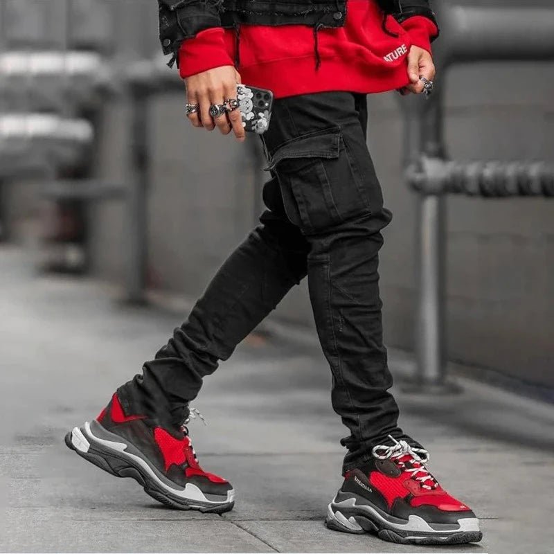 Men Street Elastic Denim Jeans Wash Solid Color Multi Pockets Cargo Pants Casual Slim Fit Daily Wear Joggers Mid Waist Trousers - El Bean0s