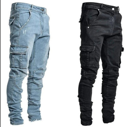 Men Street Elastic Denim Jeans Wash Solid Color Multi Pockets Cargo Pants Casual Slim Fit Daily Wear Joggers Mid Waist Trousers - El Bean0s