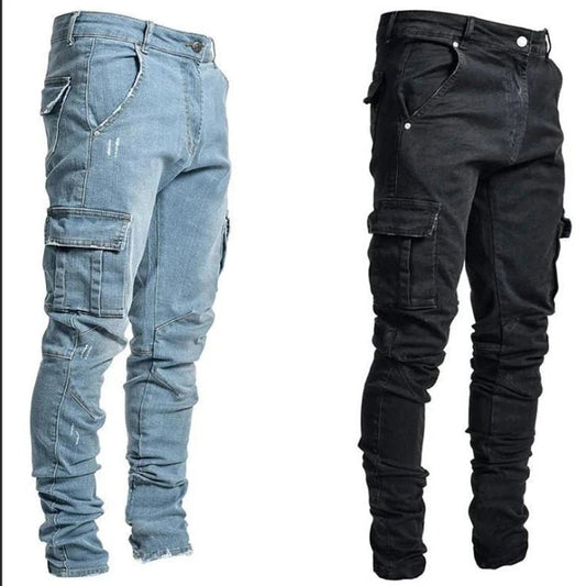 Men Street Elastic Denim Jeans Wash Solid Color Multi Pockets Cargo Pants Casual Slim Fit Daily Wear Joggers Mid Waist Trousers - El Bean0s