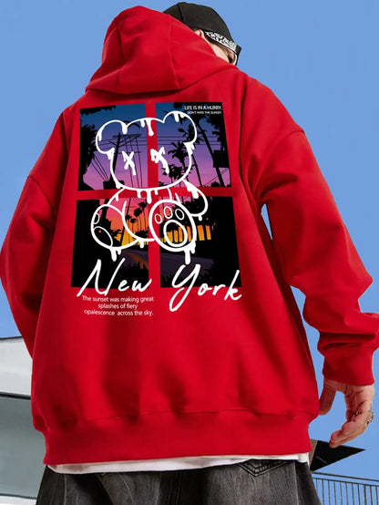 New York Art Word Cartoon Bear Sunset Scenery Design Male Clothing Hip Hop Street Hoodies All-Match Pocket Pullovers Men Hoody - El Bean0s