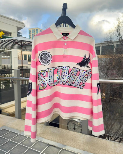 Sume Gothic Klein Stone Embroidery Loose Long Sleeved T Shirt Y2k Harajuku Hip Hop Men Women Stripe Polo Shirt Lapel Neck Shirt - El Bean0s