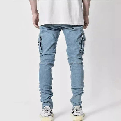 Men Street Elastic Denim Jeans Wash Solid Color Multi Pockets Cargo Pants Casual Slim Fit Daily Wear Joggers Mid Waist Trousers - El Bean0s
