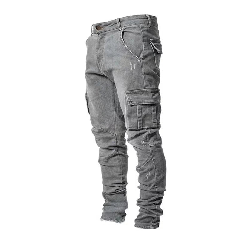 Men Street Elastic Denim Jeans Wash Solid Color Multi Pockets Cargo Pants Casual Slim Fit Daily Wear Joggers Mid Waist Trousers - El Bean0s