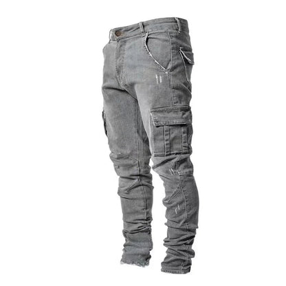 Men Street Elastic Denim Jeans Wash Solid Color Multi Pockets Cargo Pants Casual Slim Fit Daily Wear Joggers Mid Waist Trousers - El Bean0s