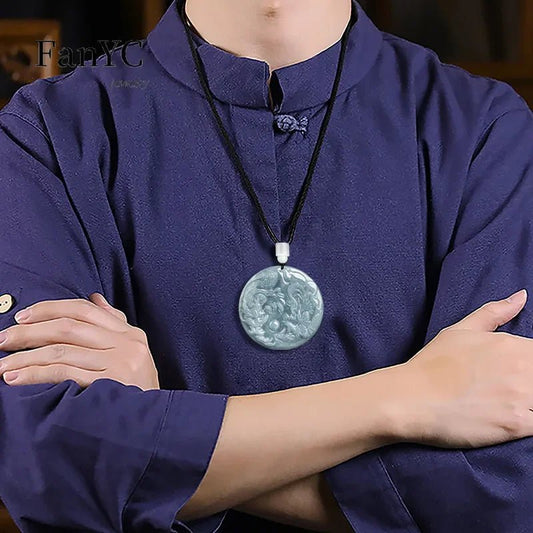 Natural A-goods Jadeite Blue Water Dragon and Phoenix Pendant Exquisite Fashion Simple Men and Women Couples Necklace Gift - El Bean0s