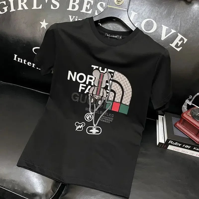 100% pure cotton men's luxurious brand letter print T-shirt, short-sleeved T-shirt, high-quality men's clothing, streetwear - El Bean0s