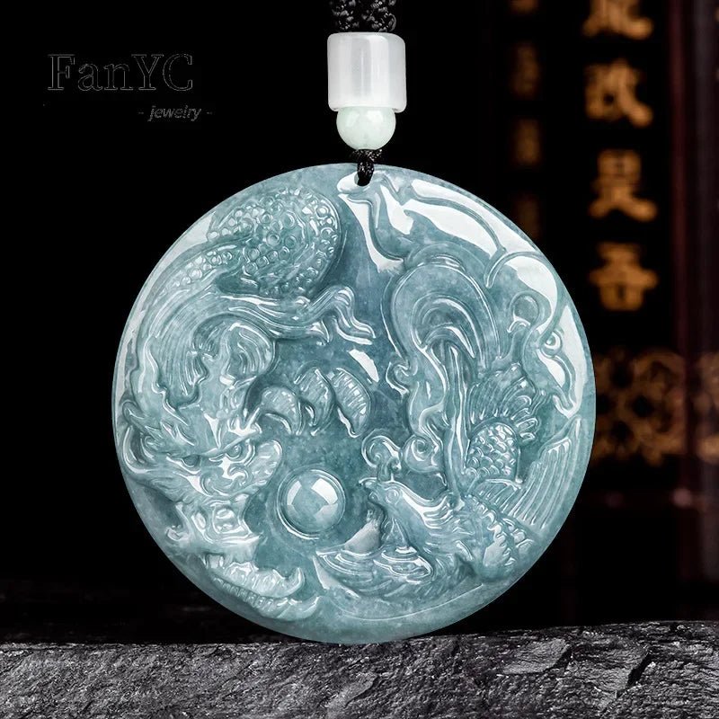 Natural A-goods Jadeite Blue Water Dragon and Phoenix Pendant Exquisite Fashion Simple Men and Women Couples Necklace Gift - El Bean0s