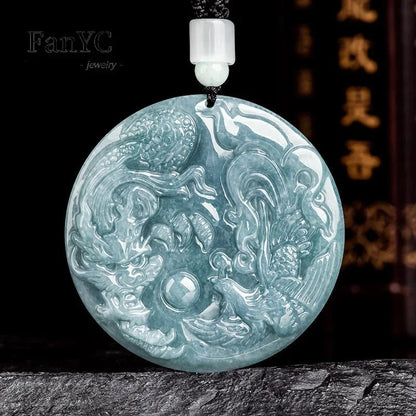 Natural A-goods Jadeite Blue Water Dragon and Phoenix Pendant Exquisite Fashion Simple Men and Women Couples Necklace Gift - El Bean0s