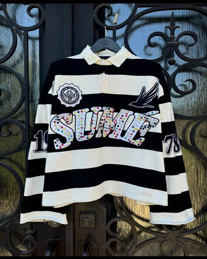 Sume Gothic Klein Stone Embroidery Loose Long Sleeved T Shirt Y2k Harajuku Hip Hop Men Women Stripe Polo Shirt Lapel Neck Shirt - El Bean0s