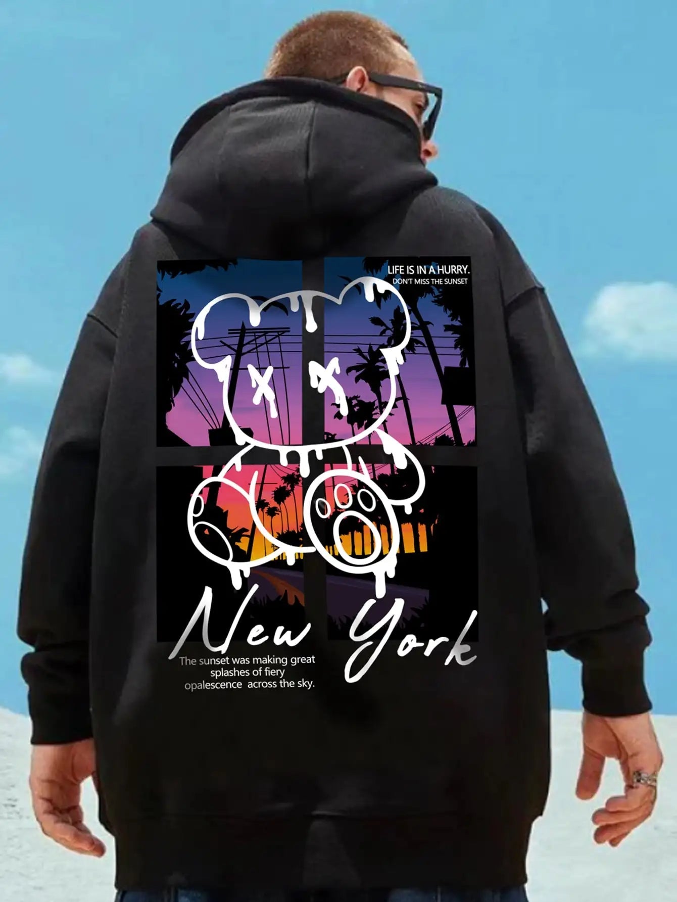 New York Art Word Cartoon Bear Sunset Scenery Design Male Clothing Hip Hop Street Hoodies All-Match Pocket Pullovers Men Hoody - El Bean0s