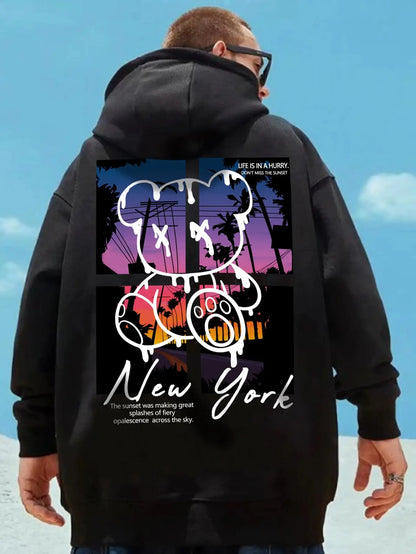 New York Art Word Cartoon Bear Sunset Scenery Design Male Clothing Hip Hop Street Hoodies All-Match Pocket Pullovers Men Hoody - El Bean0s