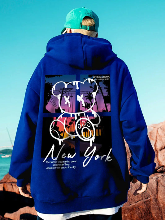 New York Art Word Cartoon Bear Sunset Scenery Design Male Clothing Hip Hop Street Hoodies All-Match Pocket Pullovers Men Hoody - El Bean0s