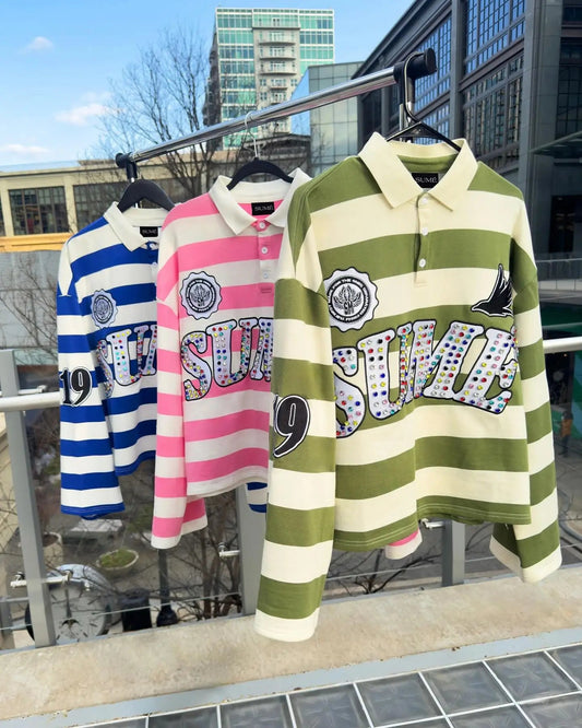 Sume Gothic Klein Stone Embroidery Loose Long Sleeved T Shirt Y2k Harajuku Hip Hop Men Women Stripe Polo Shirt Lapel Neck Shirt - El Bean0s
