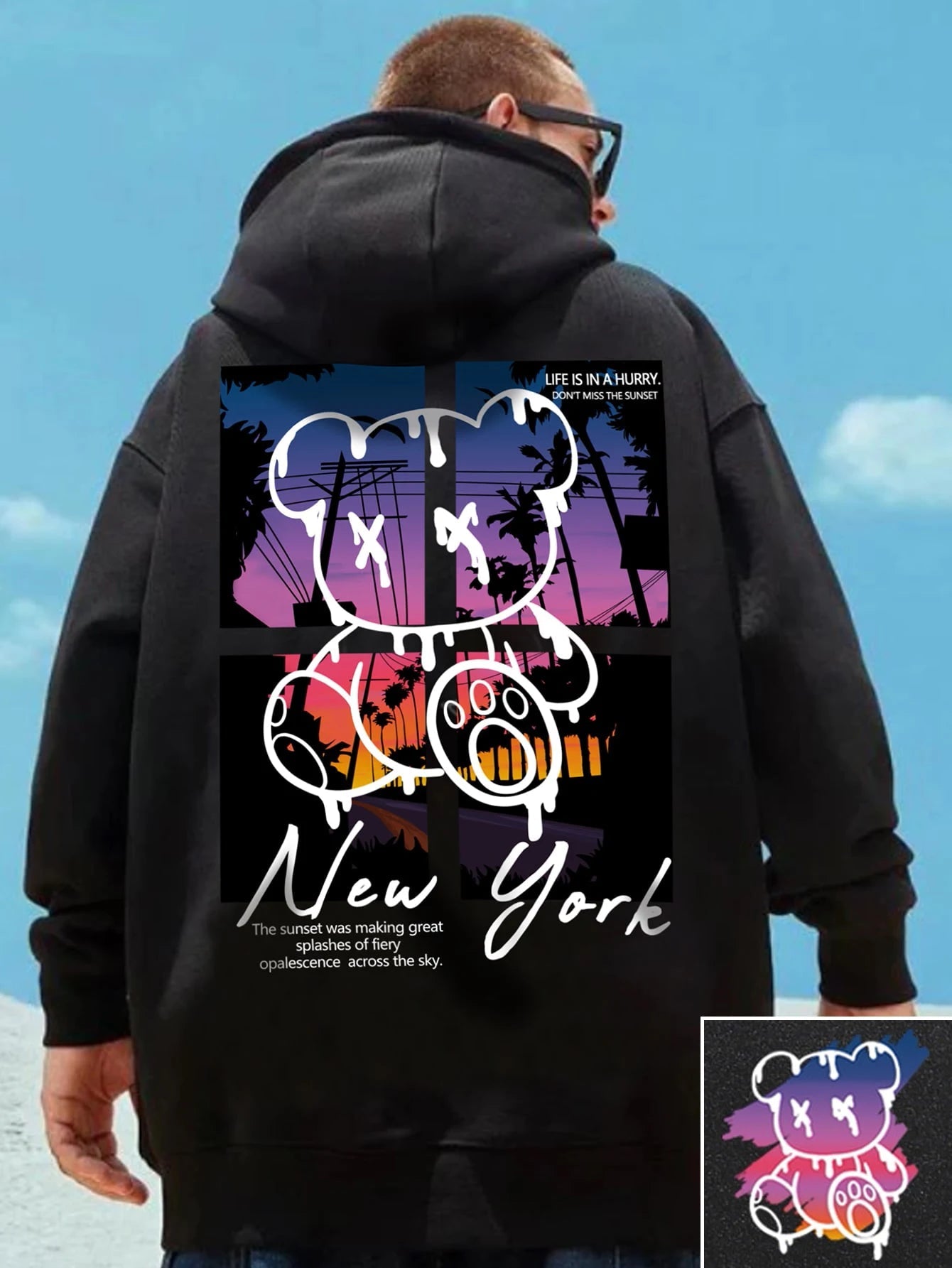 New York Art Word Cartoon Bear Sunset Scenery Design Male Clothing Hip Hop Street Hoodies All-Match Pocket Pullovers Men Hoody - El Bean0s