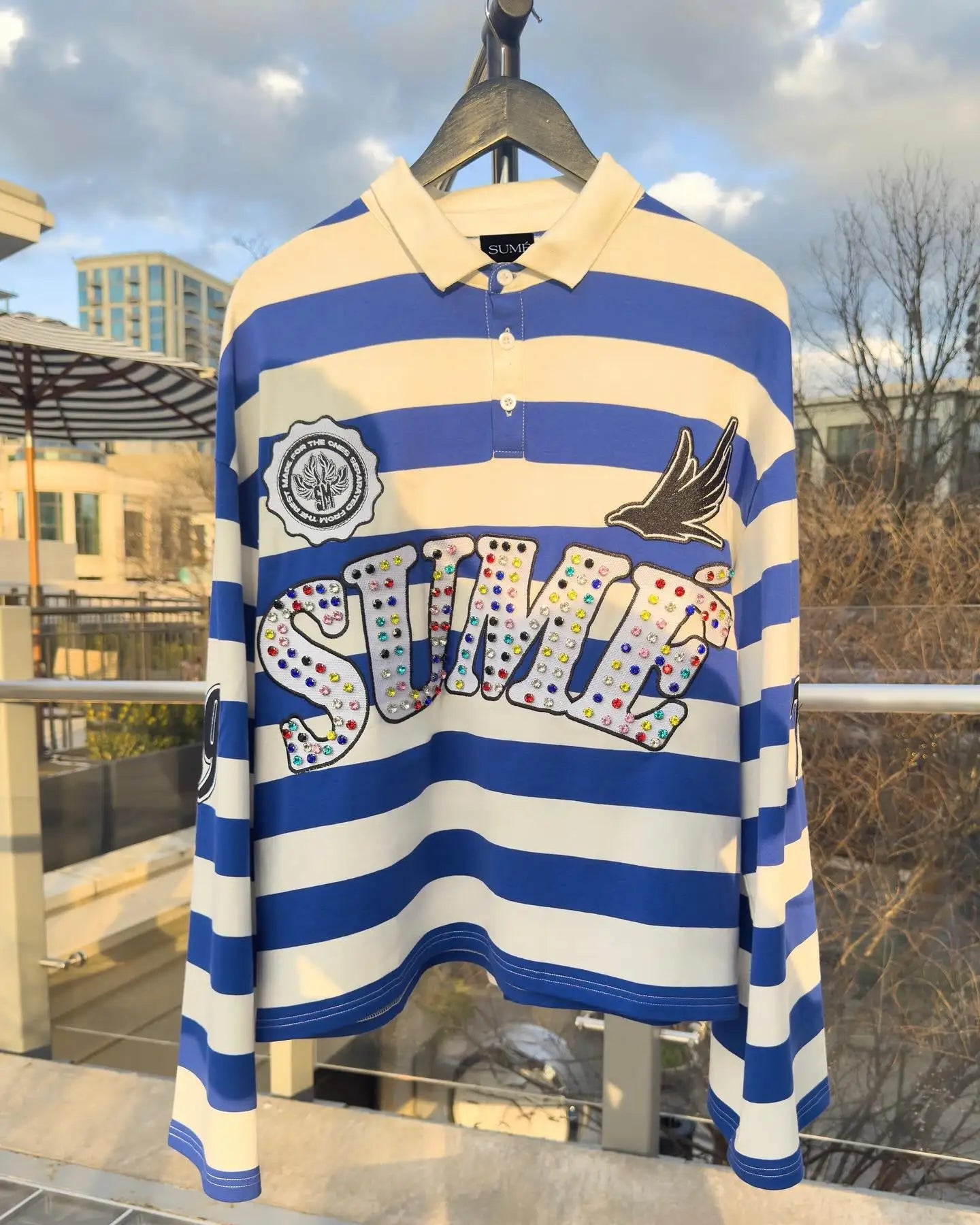 Sume Gothic Klein Stone Embroidery Loose Long Sleeved T Shirt Y2k Harajuku Hip Hop Men Women Stripe Polo Shirt Lapel Neck Shirt - El Bean0s