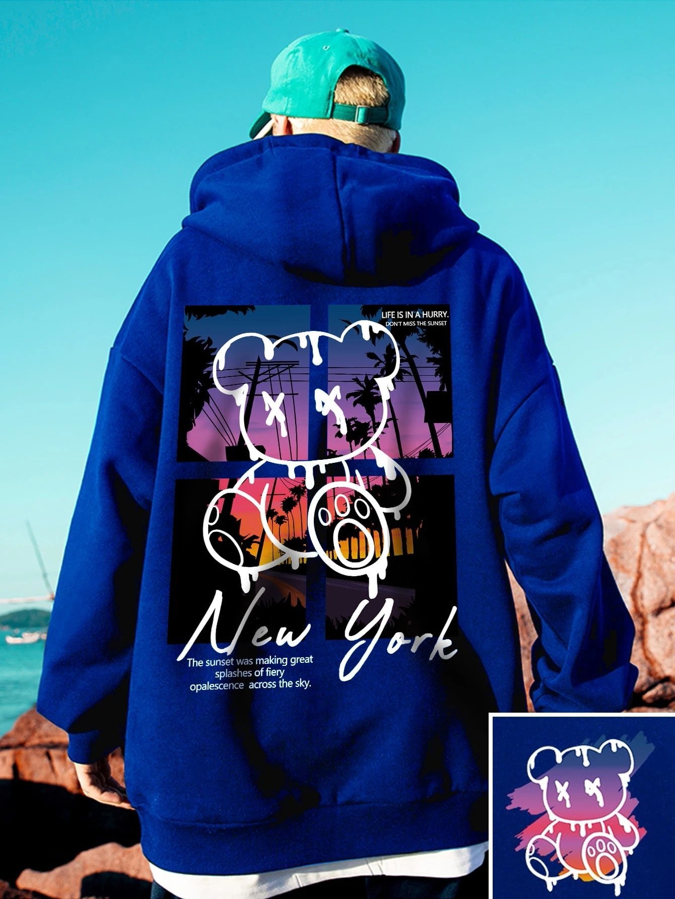 New York Art Word Cartoon Bear Sunset Scenery Design Male Clothing Hip Hop Street Hoodies All-Match Pocket Pullovers Men Hoody - El Bean0s