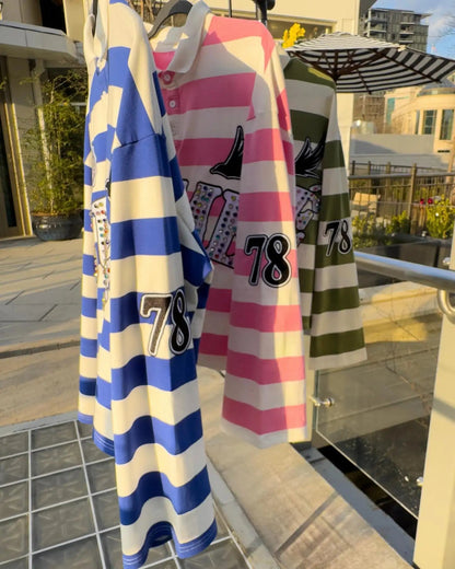 Sume Gothic Klein Stone Embroidery Loose Long Sleeved T Shirt Y2k Harajuku Hip Hop Men Women Stripe Polo Shirt Lapel Neck Shirt - El Bean0s