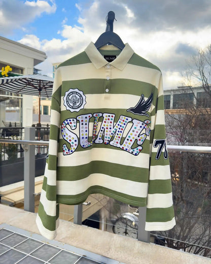 Sume Gothic Klein Stone Embroidery Loose Long Sleeved T Shirt Y2k Harajuku Hip Hop Men Women Stripe Polo Shirt Lapel Neck Shirt - El Bean0s