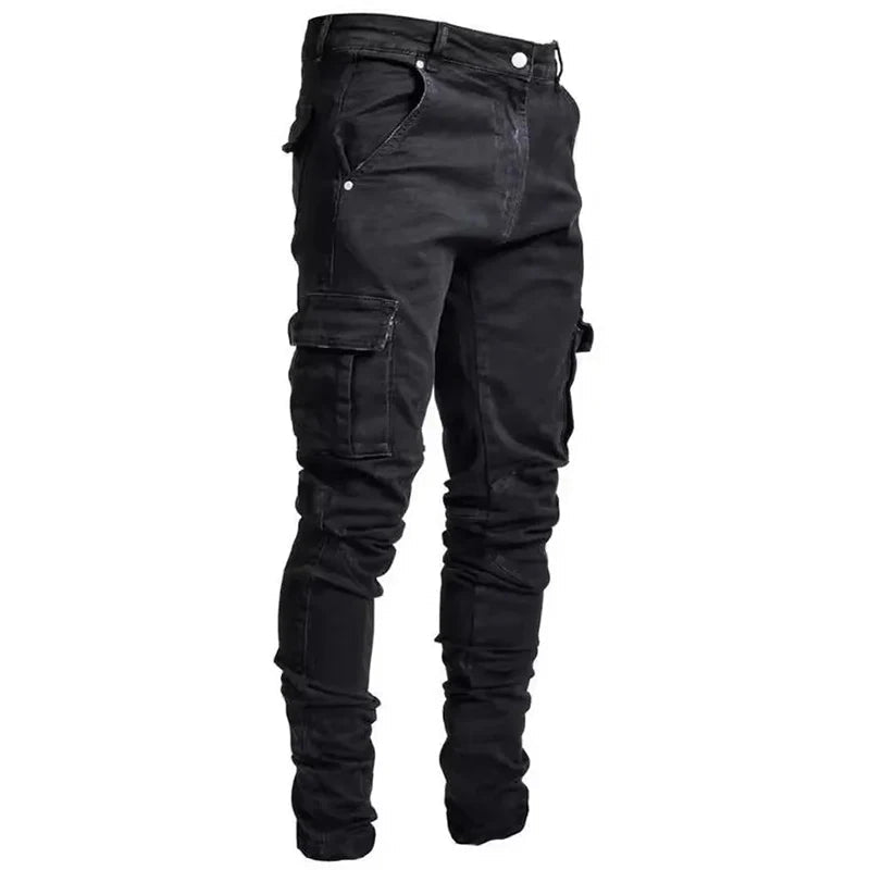 Men Street Elastic Denim Jeans Wash Solid Color Multi Pockets Cargo Pants Casual Slim Fit Daily Wear Joggers Mid Waist Trousers - El Bean0s