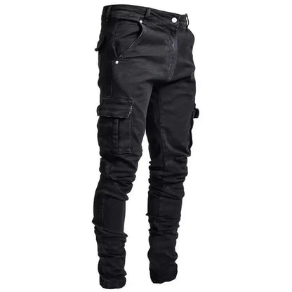 Men Street Elastic Denim Jeans Wash Solid Color Multi Pockets Cargo Pants Casual Slim Fit Daily Wear Joggers Mid Waist Trousers - El Bean0s
