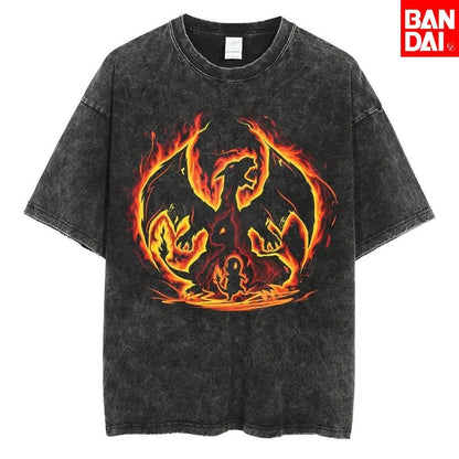 Pokemon Charizard T Shirt Men 2026 Summer Vintage Acid Wash Oversized Tee Japanese Anime Streetwear Hip Hop Harajuku Y2k - El Bean0s